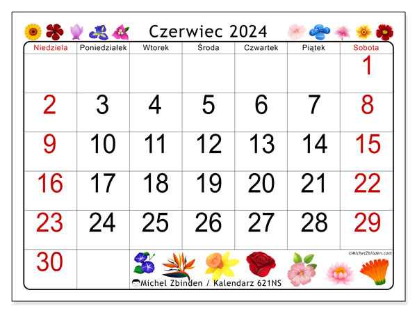 Kalendarz czerwiec 2024 “621”. Darmowy kalendarz do druku.. Od niedzieli do soboty
