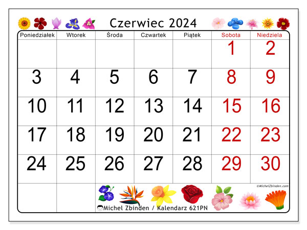 Kalendarz czerwiec 2024 “621”. Darmowy terminarz do druku.. Od poniedziałku do niedzieli