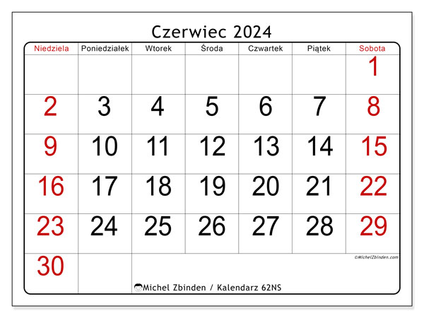 Kalendarz czerwiec 2024 “62”. Darmowy kalendarz do druku.. Od niedzieli do soboty