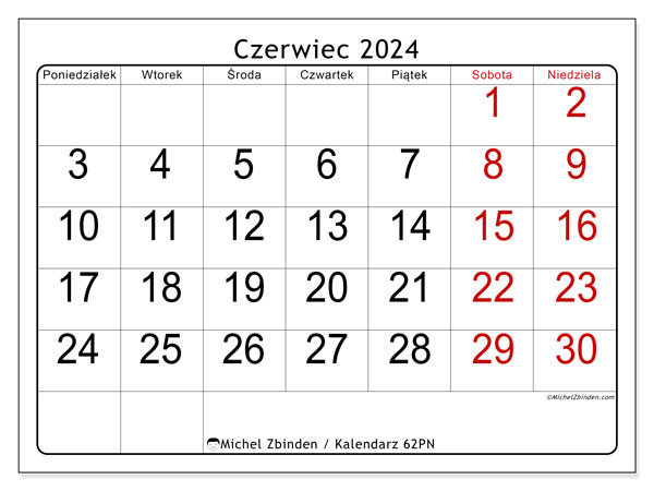 Kalendarz czerwiec 2024 “62”. Darmowy kalendarz do druku.. Od poniedziałku do niedzieli