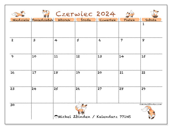 Kalendarz czerwiec 2024 “771”. Darmowy plan do druku.. Od niedzieli do soboty