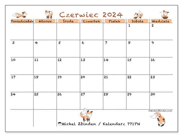 Kalendarz czerwiec 2024 “771”. Darmowy plan do druku.. Od poniedziałku do niedzieli