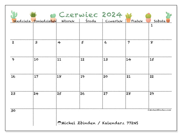 Kalendarz czerwiec 2024 “772”. Darmowy terminarz do druku.. Od niedzieli do soboty