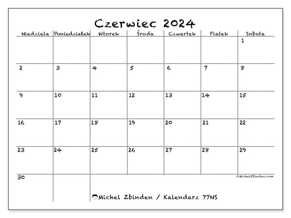 Kalendarz do druku, czerwiec 2024, 77NS