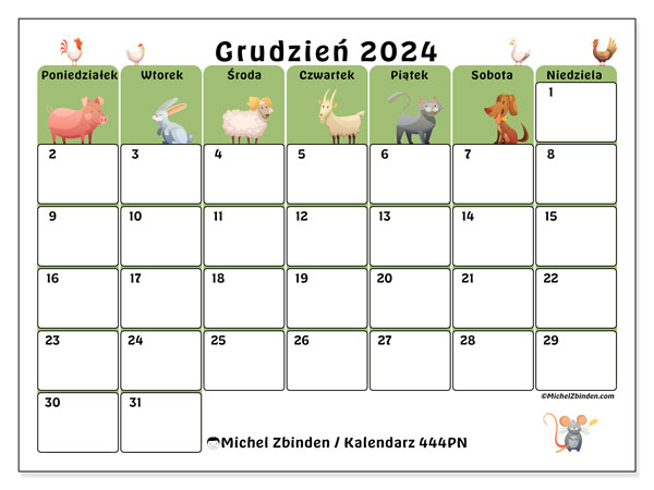 Kalendarz grudzień 2024 “444”. Darmowy plan do druku.. Od poniedziałku do niedzieli