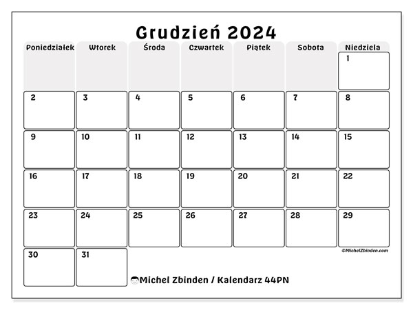 Kalendarz grudzień 2024 “44”. Darmowy dziennik do druku.. Od poniedziałku do niedzieli