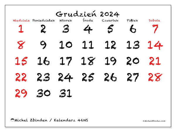 Kalendarz grudzień 2024 “46”. Darmowy dziennik do druku.. Od niedzieli do soboty