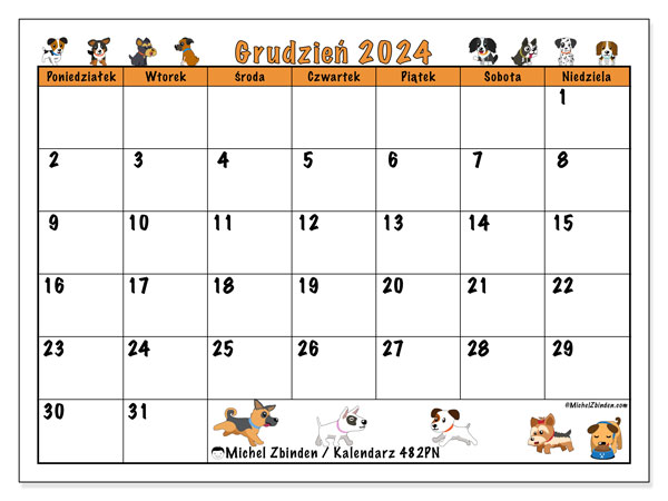 Kalendarz grudzień 2024 “482”. Darmowy dziennik do druku.. Od poniedziałku do niedzieli
