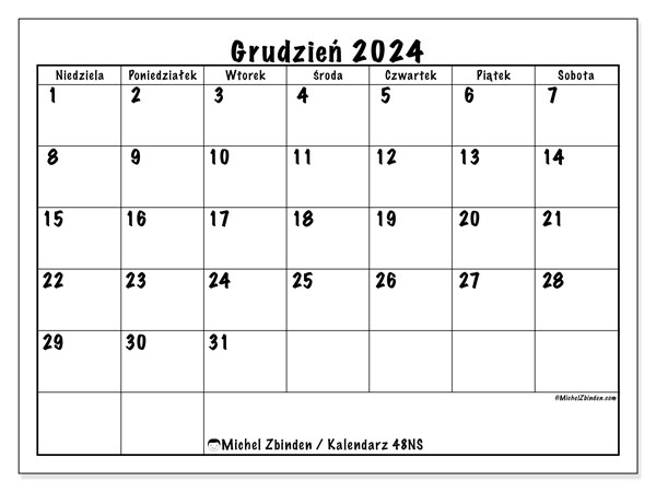 Kalendarz grudzień 2024 “48”. Darmowy dziennik do druku.. Od niedzieli do soboty