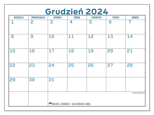 Kalendarz grudzień 2024 “49”. Darmowy terminarz do druku.. Od niedzieli do soboty
