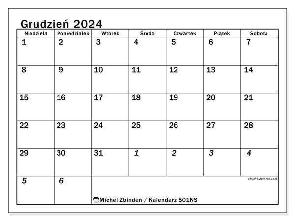 Kalendarz grudzień 2024 “501”. Darmowy terminarz do druku.. Od niedzieli do soboty