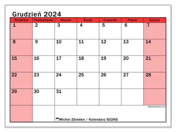 Kalendarz grudzień 2024 “502”. Darmowy plan do druku.. Od niedzieli do soboty