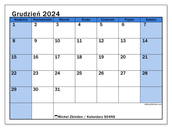 Kalendarz grudzień 2024 “504”. Darmowy kalendarz do druku.. Od niedzieli do soboty
