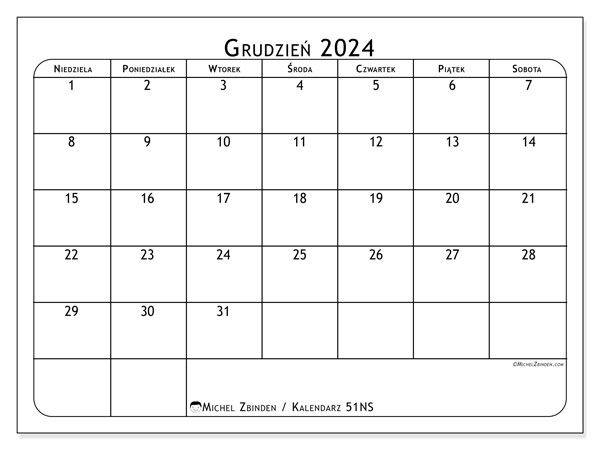 Kalendarz grudzień 2024 “51”. Darmowy kalendarz do druku.. Od niedzieli do soboty