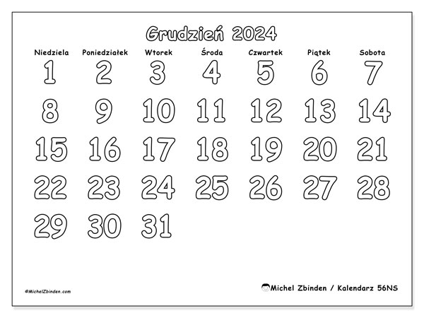 Kalendarz grudzień 2024 “56”. Darmowy program do druku.. Od niedzieli do soboty