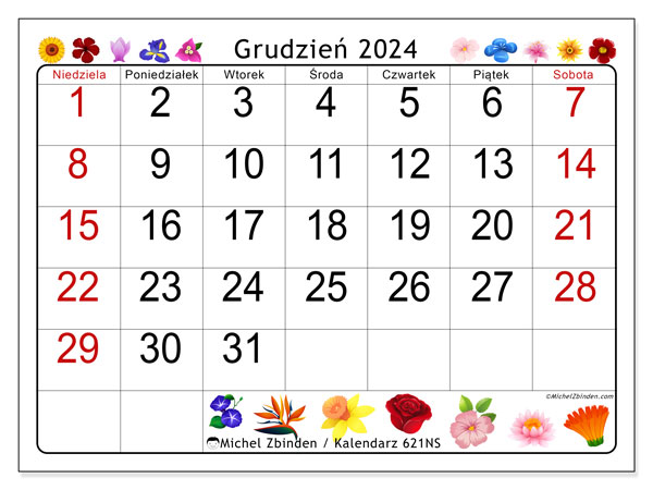 Kalendarz grudzień 2024 “621”. Darmowy program do druku.. Od niedzieli do soboty