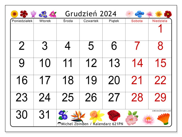Kalendarz grudzień 2024 “621”. Darmowy program do druku.. Od poniedziałku do niedzieli