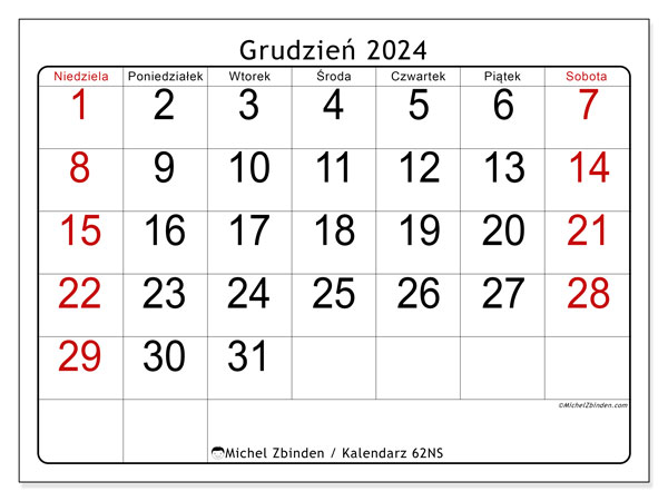 Kalendarz grudzień 2024 “62”. Darmowy kalendarz do druku.. Od niedzieli do soboty