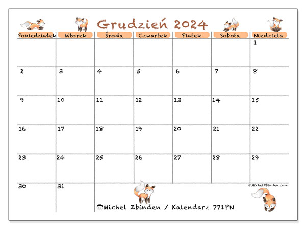 Kalendarz grudzień 2024 “771”. Darmowy dziennik do druku.. Od poniedziałku do niedzieli
