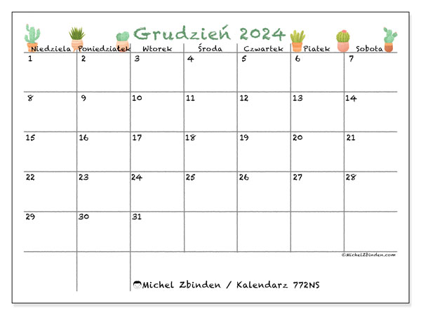 Kalendarz grudzień 2024 “772”. Darmowy kalendarz do druku.. Od niedzieli do soboty