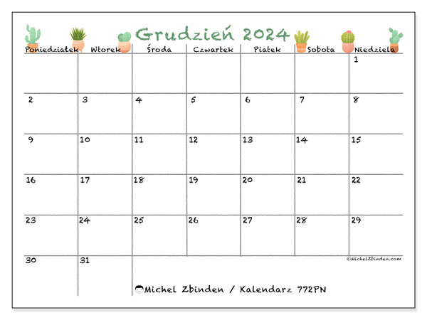 Kalendarz grudzień 2024 “772”. Darmowy kalendarz do druku.. Od poniedziałku do niedzieli