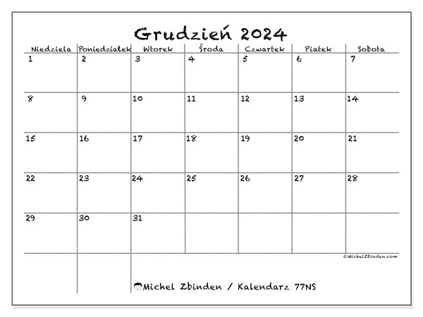 Kalendarz do druku, grudzień 2024, 77NS