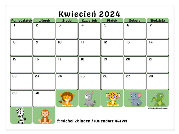 Kalendarz kwiecień 2024 “441”. Darmowy kalendarz do druku.. Od poniedziałku do niedzieli