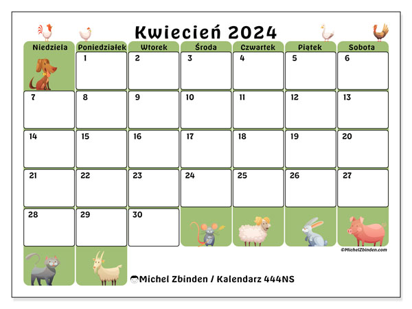 Kalendarz kwiecień 2024 “444”. Darmowy kalendarz do druku.. Od niedzieli do soboty