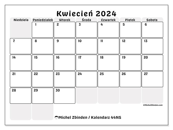 Kalendarz kwiecień 2024, 44NS. Darmowy program do druku.