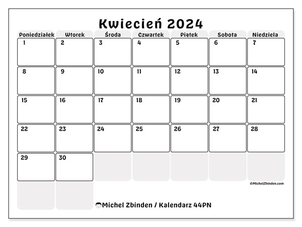 Kalendarz kwiecień 2024, 44NS. Darmowy program do druku.