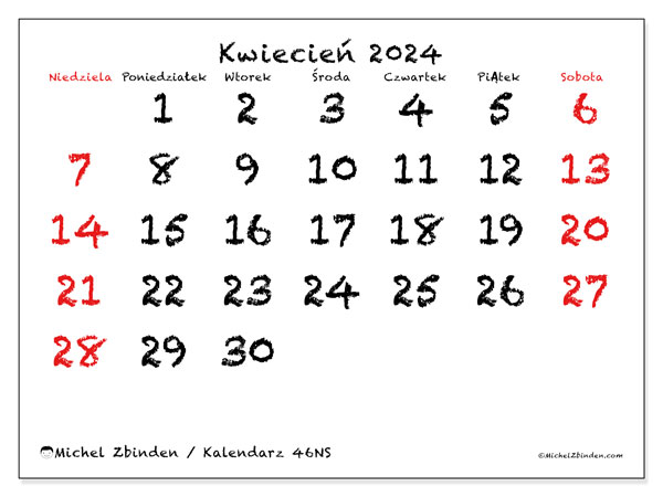 Kalendarz kwiecień 2024, 46NS. Darmowy program do druku.