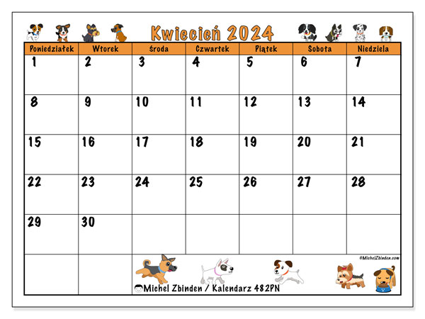 Kalendarz kwiecień 2024 “482”. Darmowy dziennik do druku.. Od poniedziałku do niedzieli