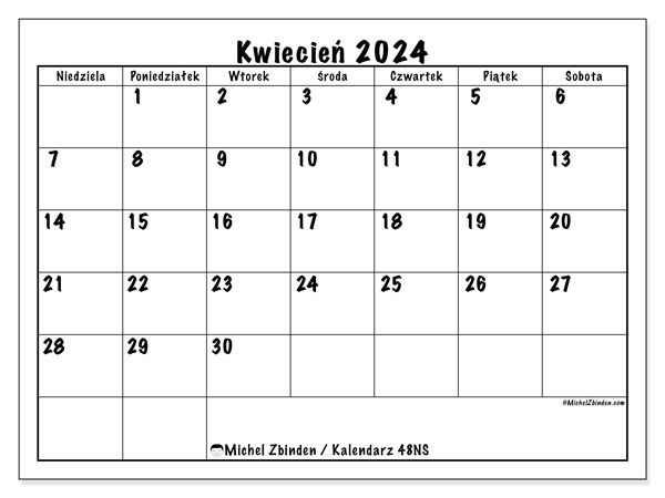 Kalendarz kwiecień 2024 “48”. Darmowy plan do druku.. Od niedzieli do soboty