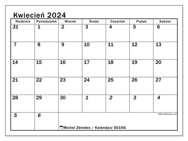 Kalendarz kwiecień 2024 “501”. Darmowy terminarz do druku.. Od niedzieli do soboty