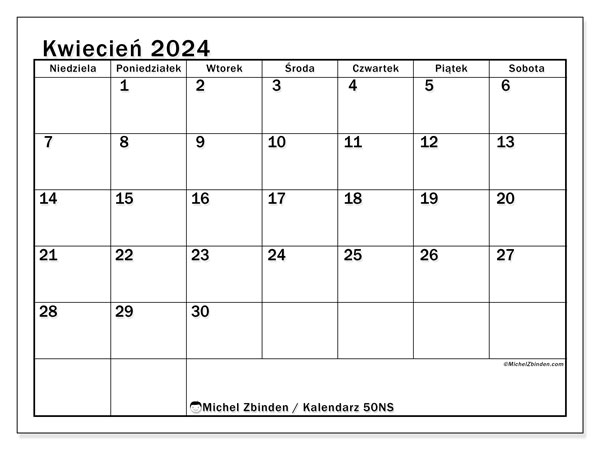 Kalendarz kwiecień 2024 “50”. Darmowy kalendarz do druku.. Od niedzieli do soboty