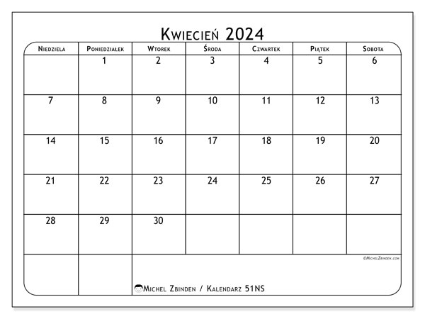 Kalendarz kwiecień 2024 “51”. Darmowy program do druku.. Od niedzieli do soboty
