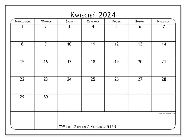 Kalendarz kwiecień 2024, 51PN. Darmowy program do druku.
