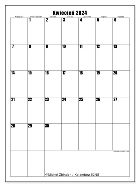 Kalendarz kwiecień 2024, 52NS. Darmowy program do druku.