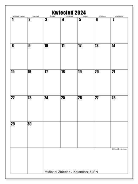 Kalendarz kwiecień 2024 “52”. Darmowy dziennik do druku.. Od poniedziałku do niedzieli