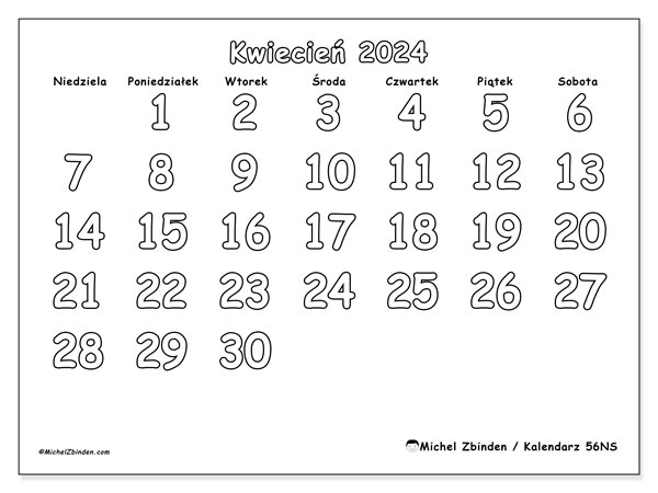 Kalendarz kwiecień 2024 “56”. Darmowy dziennik do druku.. Od niedzieli do soboty