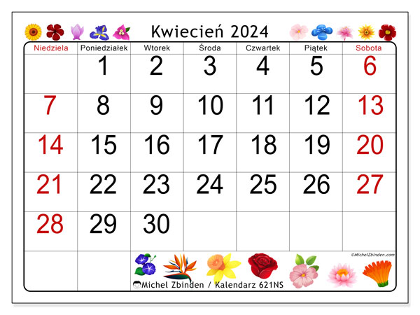 Kalendarz kwiecień 2024 “621”. Darmowy dziennik do druku.. Od niedzieli do soboty