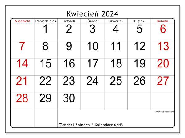 Kalendarz kwiecień 2024 “62”. Darmowy program do druku.. Od niedzieli do soboty