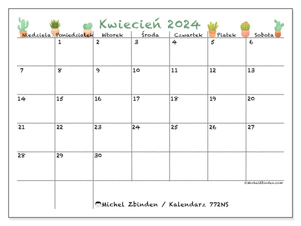 Kalendarz kwiecień 2024 “772”. Darmowy plan do druku.. Od niedzieli do soboty