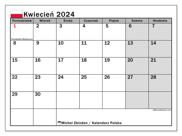 Kalendarz kwiecień 2024 “Polska”. Darmowy kalendarz do druku.. Od poniedziałku do niedzieli