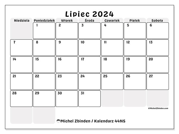 Kalendarz lipiec 2024 “44”. Darmowy kalendarz do druku.. Od niedzieli do soboty