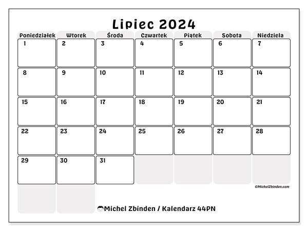Kalendarz lipiec 2024 “44”. Darmowy kalendarz do druku.. Od poniedziałku do niedzieli