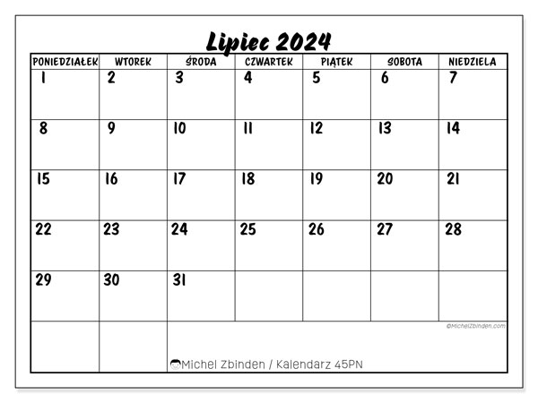 Kalendarz lipiec 2024 “45”. Darmowy plan do druku.. Od poniedziałku do niedzieli