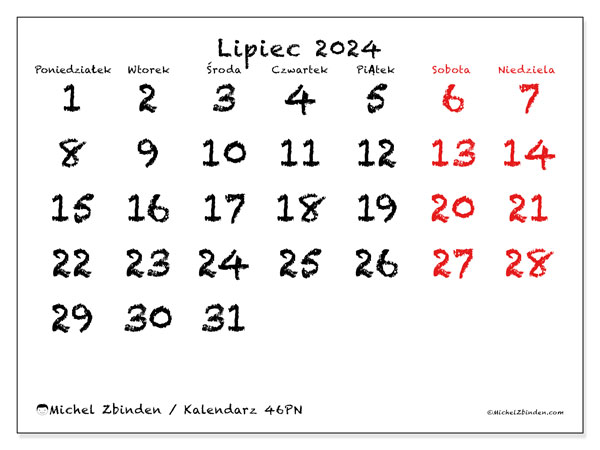 Kalendarz lipiec 2024, 46NS. Darmowy terminarz do druku.