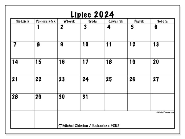 Kalendarz lipiec 2024 “48”. Darmowy plan do druku.. Od niedzieli do soboty