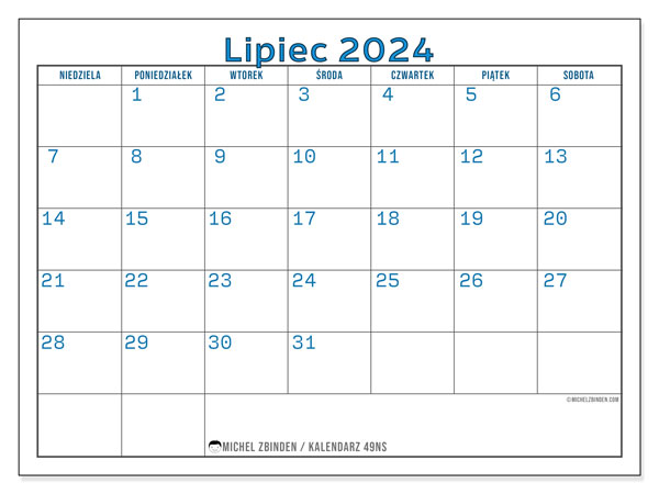 Kalendarz lipiec 2024 “49”. Darmowy plan do druku.. Od niedzieli do soboty